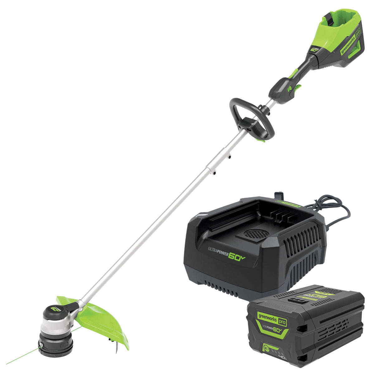 GREENWORKS 60V Pro Straight Shaft String Trimmer Skin, Axial Blower, Hedge Trimmer/Pole Saw Attachment 4.0Ah Battery & Charger Kit 1305707AU