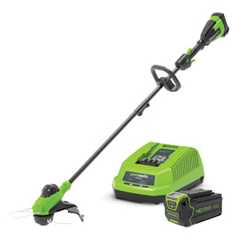 GREENWORKS 40V cordless string trimmer kit with a 4.0Ah battery and charger.