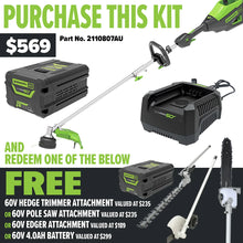 Load image into Gallery viewer, GREENWORKS 60V Pro Multi-Attachment Series String Trimmer 4.0Ah Battery &amp; Charger Kit - FREE REDEMPTION KIT