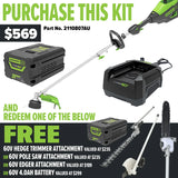 GREENWORKS 60V Pro Multi-Attachment Series String Trimmer 4.0Ah Battery & Charger Kit - FREE REDEMPTION KIT