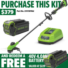 Load image into Gallery viewer, GREENWORKS 40V String Trimmer 13&quot; 4.0Ah Battery &amp; Charger Kit - FREE REDEMPTION KIT