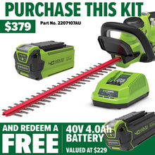 Load image into Gallery viewer, GREENWORKS 40V Hedge Trimmer 61cm (24″) 2.0Ah Battery &amp; Charger Kit - FREE REDEMPTION KIT