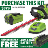 GREENWORKS 40V Hedge Trimmer 61cm (24″) 2.0Ah Battery & Charger Kit - FREE REDEMPTION KIT