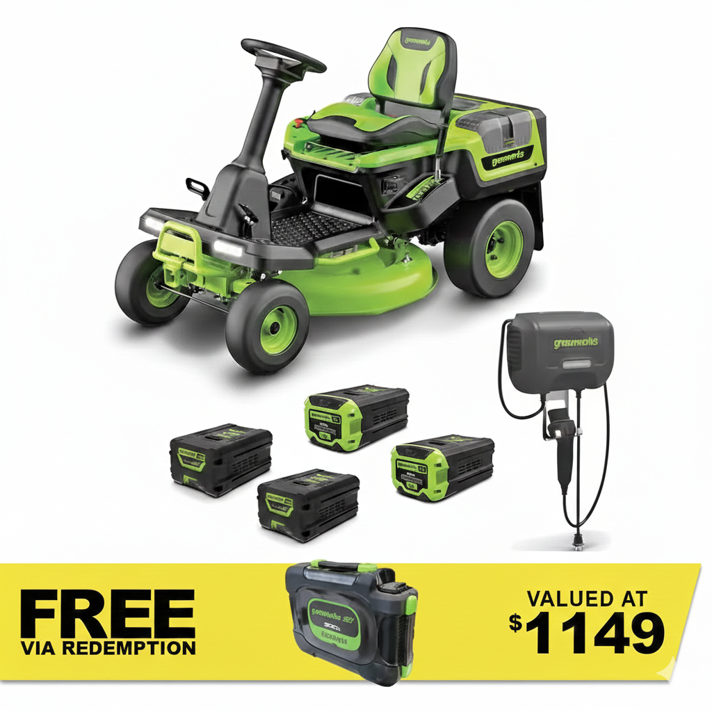 GREENWORKS 60V Lawn Tractor Rear Catcher Electric Riding Mower with 2x 4.0Ah/ 2x 8.0Ah Batteries & Wall-Mounted Rapid Charger Kit - 30" Cut 7404907AU  - FREE REDEMPTION KIT