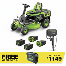 Load image into Gallery viewer, GREENWORKS 60V Lawn Tractor Rear Catcher Electric Riding Mower with 2x 4.0Ah/ 2x 8.0Ah Batteries &amp; Wall-Mounted Rapid Charger Kit - 30" Cut 7404907AU  - FREE REDEMPTION KIT