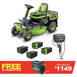 GREENWORKS 60V Lawn Tractor Rear Catcher Electric Riding Mower with 2x4.0Ah/2x8.0Ah Batteries & Wall-Mounted Rapid Charger Kit - 30