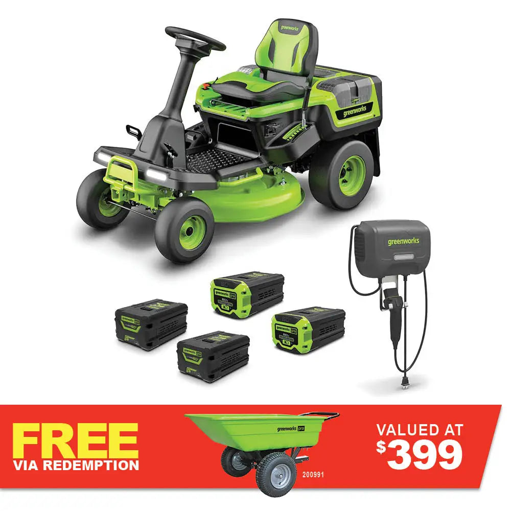 GREENWORKS 60V Lawn Tractor Rear Catcher Electric Riding Mower with 2x4.0Ah/2x8.0Ah Batteries & Wall-Mounted Rapid Charger Kit - 30" Cut 7404907AU  - FREE REDEMPTION KIT