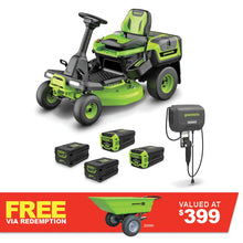 Load image into Gallery viewer, GREENWORKS 60V Lawn Tractor Rear Catcher Electric Riding Mower with 2x4.0Ah/2x8.0Ah Batteries &amp; Wall-Mounted Rapid Charger Kit - 30&quot; Cut 7404907AU  - FREE REDEMPTION KIT
