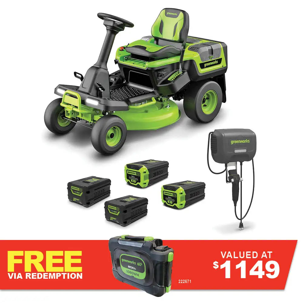 GREENWORKS 60V Lawn Tractor Rear Catcher Electric Riding Mower with 2x4.0Ah/2x8.0Ah Batteries & Wall-Mounted Rapid Charger Kit - 30" Cut 7404907AU  - FREE REDEMPTION KIT
