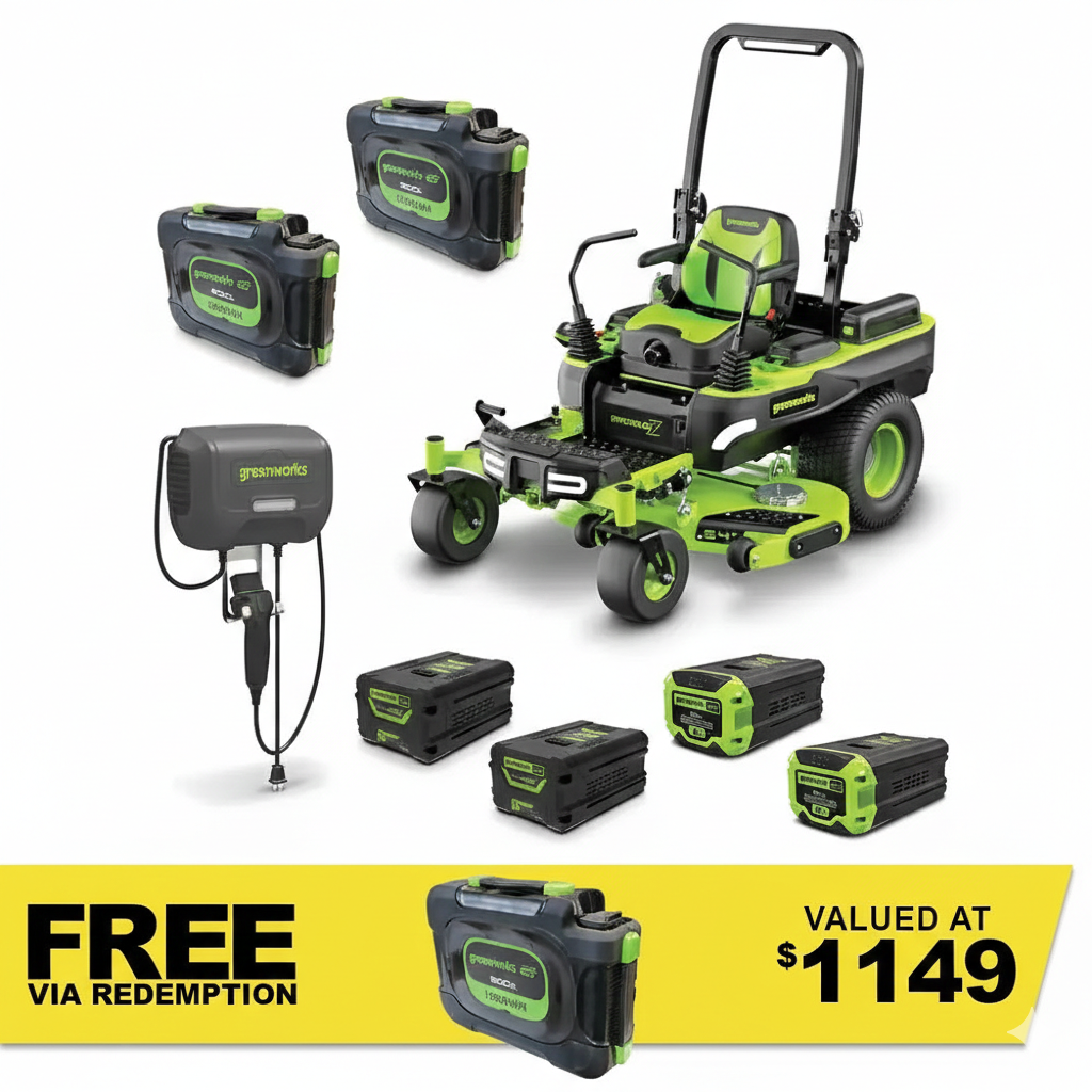 GREENWORKS 60V MaximusZ Zero Turn Electric Riding Mower with 20.0Ah Battery & Wall-Mounted Rapid Charger Kit - 54" Cut 7405007AU - FREE REDEMPTION KIT