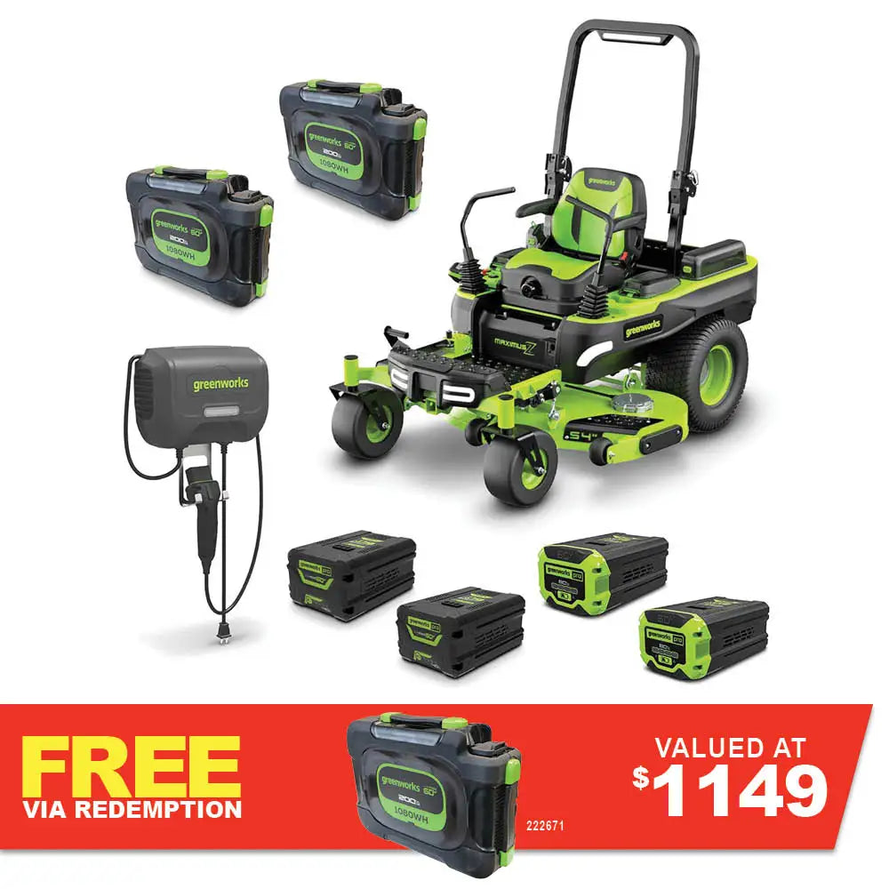 GREENWORKS 60V MaximusZ Zero Turn Electric Riding Mower with 20.0Ah Battery & Wall-Mounted Rapid Charger Kit - 54" Cut 7405007AU - FREE REDEMPTION KIT