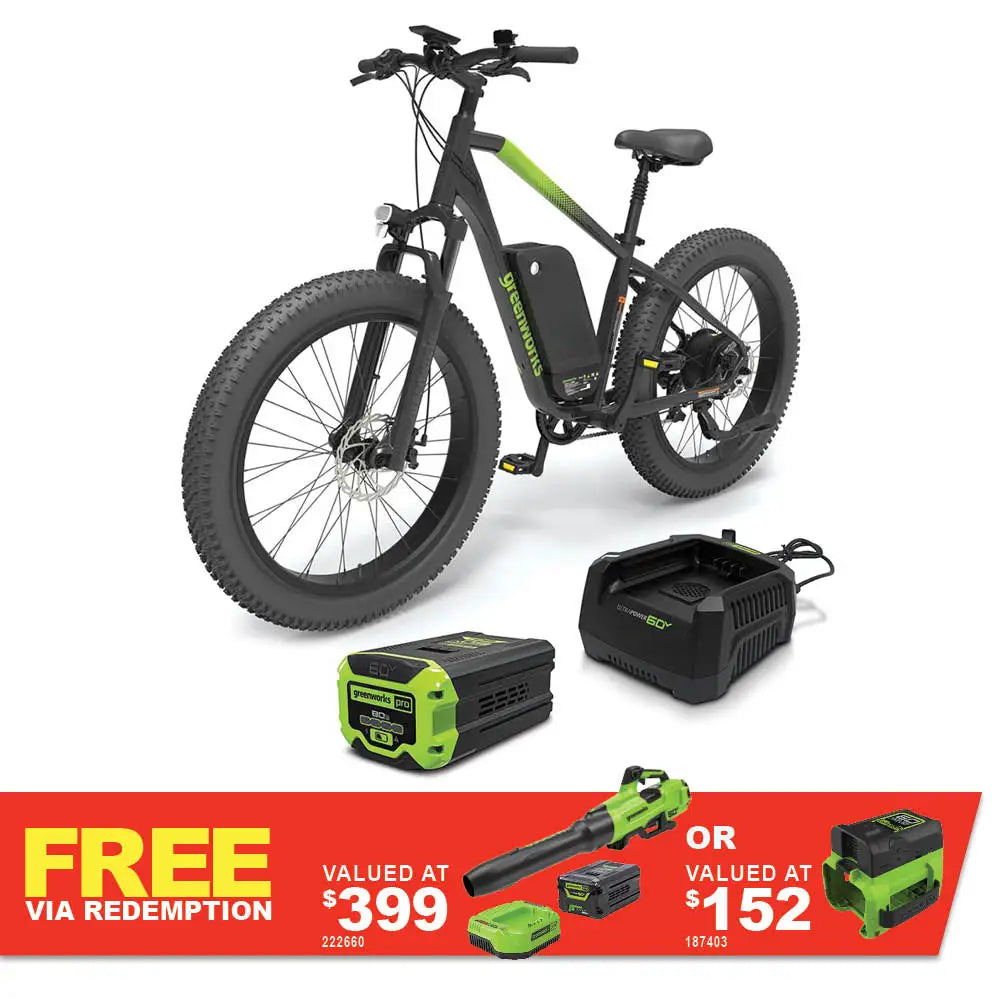 GREENWORKS 60V Venture Series 26" Fat Tyre Mountain E-Bike 8.0Ah Battery & Fast Charger Kit 7403907AU-KIT - FREE REDEMPTION KIT