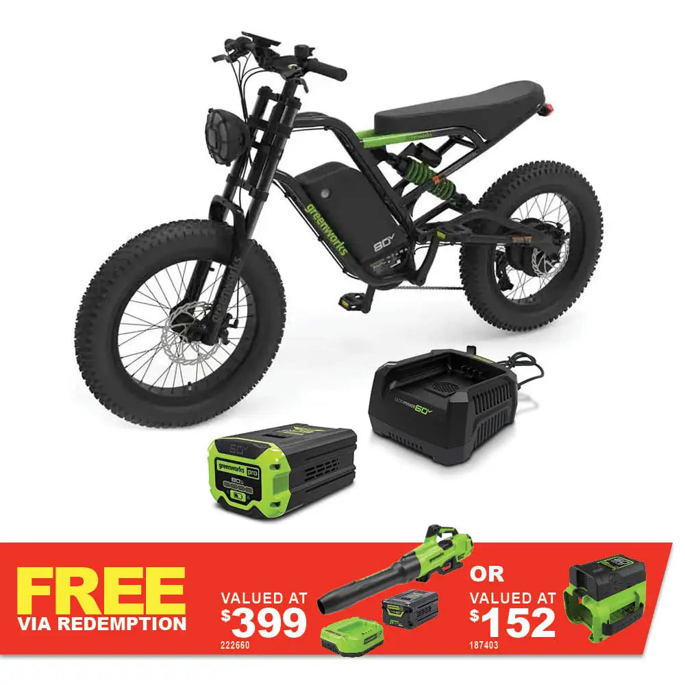 GREENWORKS 60V Venture Series 20" All Terrain Fat Tyre E-Bike 8.0Ah Battery & Fast Charger Kit 7404007AU-Kit- FREE REDEMPTION KIT
