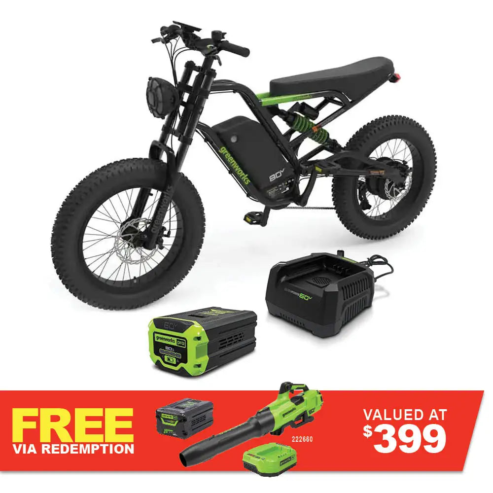 GREENWORKS 60V Venture Series 20" All Terrain Fat Tyre E-Bike 8.0Ah Battery & Fast Charger Kit 7404007AU-Kit- FREE REDEMPTION KIT