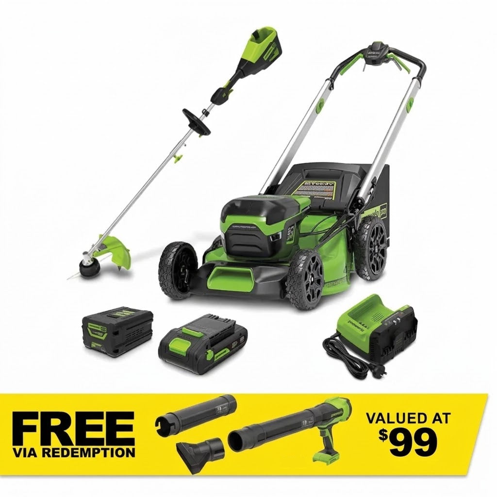 GREENWORKS 60V Pro Brushless Self-Propelled Lawnmower 46cm (18”) String Trimmer, 4.0Ah/24V 2.0Ah Battery & Fast Charger Combo Kit CKM021A1 - FREE REDEMPTION KIT