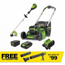 Load image into Gallery viewer, GREENWORKS 60V Pro Brushless Self-Propelled Lawnmower 46cm (18”) String Trimmer, 4.0Ah/24V 2.0Ah Battery &amp; Fast Charger Combo Kit CKM021A1 - FREE REDEMPTION KIT