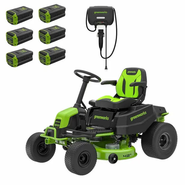 GREENWORKS 60V GEN1.5 Pro Electric Ride-on Lawnmower with 6x 8.0Ah Battery & 1x Rapid Wall Charger Kit - 42