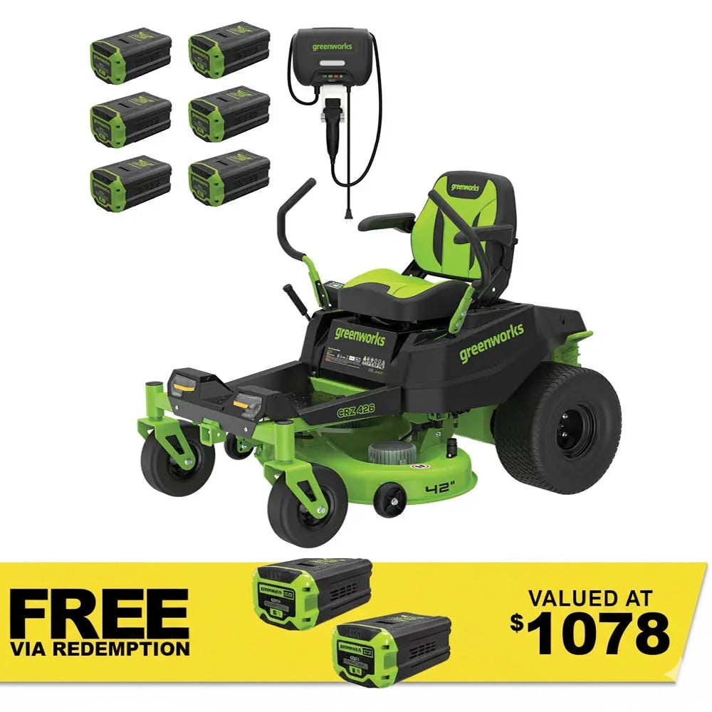 GREENWORKS 60V Pro Electric Zero Turn Mower with 8.0Ah Battery & Rapid Wall Charger Kit - 42" Cut 7405507AU - FREE REDEMPTION KIT
