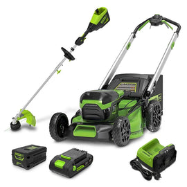 GREENWORKS 60V Pro Brushless Self-Propelled Lawnmower 46cm (18”) String Trimmer, 4.0Ah/24V 2.0Ah Battery & Fast Charger Combo Kit CKM021A1 - FREE REDEMPTION KIT