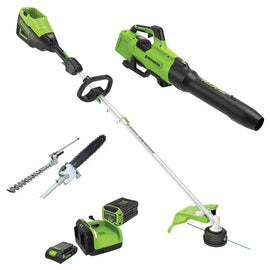 GREENWORKS 60V Pro Brushless String Trimmer, Axial Blower, Hedge Trimmer/Pole Saw Attachment 4.0Ah/24V 2.0Ah Battery & Fast Charger Multi-Tool Value Kit CKM041A1 - FREE REDEMPTION KIT