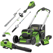 Load image into Gallery viewer, GREENWORKS 60V Pro Brushless Self-Propelled Lawnmower 46cm (18”) String Trimmer, Hedge Trimmer/Pole Saw Attachments, Axial Blower 4.0Ah/24V 2.0Ah Battery &amp; Fast Charger Start Up Kit CKM051A1 - FREE REDEMPTION KIT