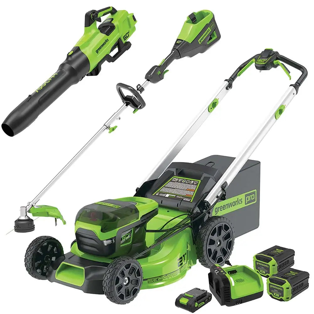 GREENWORKS 60V Pro Brushless HD Self-Propelled Lawnmower 51cm (21”) String Trimmer, Axial Blower 6.0Ah/4.0Ah/24V 2.0Ah Battery & Fast Charger Ultimate Start Up Kit CKM031A1 - FREE REDEMPTION KIT