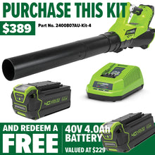 Load image into Gallery viewer, GREENWORKS 40V Axial Blower 4.0Ah Battery &amp; Charger Kit - FREE REDEMPTION KIT