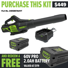 Load image into Gallery viewer, GREENWORKS 60V Pro Axial Blower 4.0Ah Battery &amp; Charger Kit - FREE REDEMPTION KIT