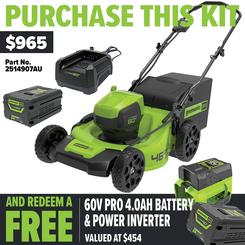 GREENWORKS 60V Pro Brushless Self-Propelled Lawnmower 46cm (18”) 4.0Ah Battery & Charger Kit - FREE REDEMPTION KIT