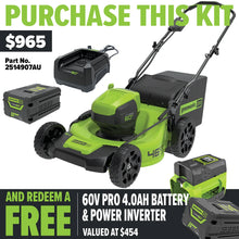 Load image into Gallery viewer, GREENWORKS 60V Pro Brushless Self-Propelled Lawnmower 46cm (18”) 4.0Ah Battery &amp; Charger Kit - FREE REDEMPTION KIT