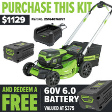 Load image into Gallery viewer, GREENWORKS 60V Pro Brushless Self-Propelled Lawnmower 51cm (21”) 6.0Ah Battery &amp; Charger Kit - FREE REDEMPTION KIT