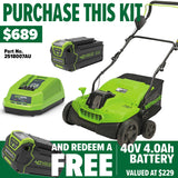 GREENWORKS 40V Brushless Lawn Dethatcher Scarifier 4.0Ah Battery & Charger Kit - FREE REDEMPTION KIT