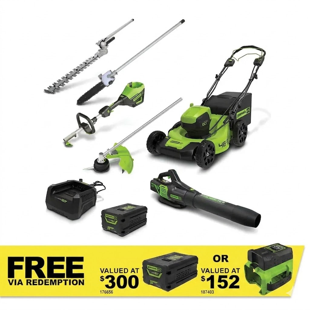 GREENWORKS 60V Pro Brushless Self-Propelled Lawnmower 46cm (18”), Axial Blower, String Trimmer and Hedge Trimmer/Polesaw Attachment, 4.0Ah/2.0Ah Battery & Charger Ultimate Bonus Kit 1305807AU- FREE REDEMPTION KIT
