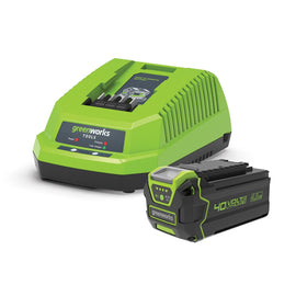 GREENWORKS 40V 4.0Ah Gen II Lithium-Ion Battery and Charger Kit, featuring a green battery with a black and green charger.