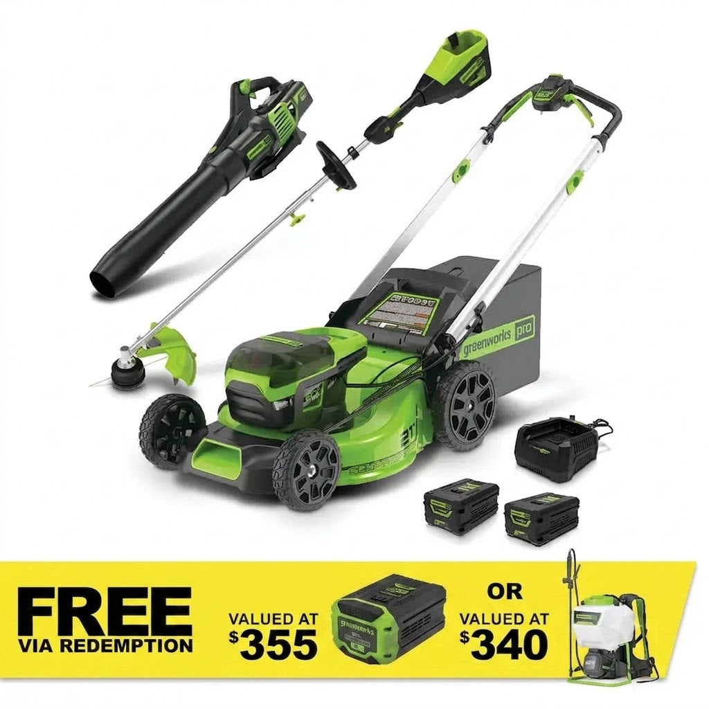 GREENWORKS 60V Pro Brushless Self-Propelled Lawnmower 51cm (21”), Axial Blower, String Trimmer, 4.0Ah/6.0Ah Battery & Fast Charger Ultimate Start Up Kit 1307307AUVT - FREE REDEMPTION KIT