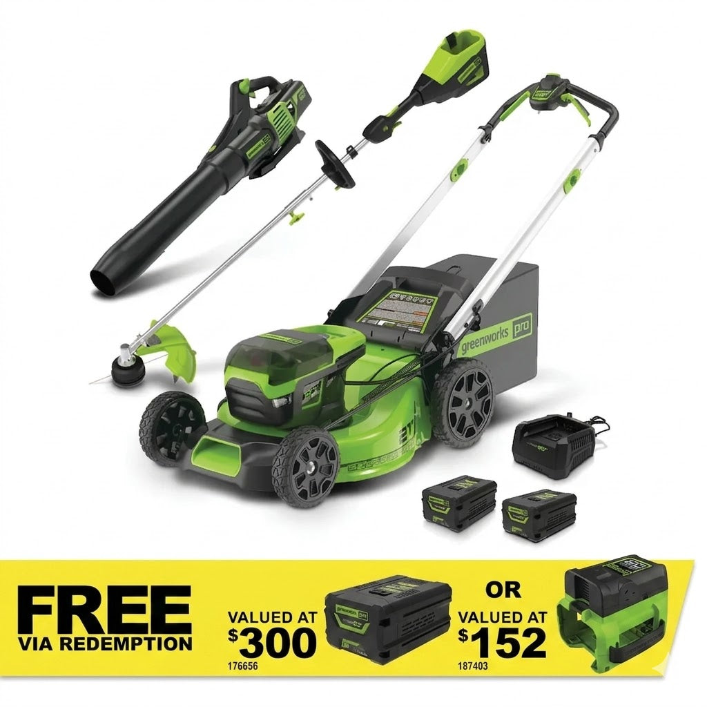 GREENWORKS 60V Pro Brushless Self-Propelled Lawnmower 51cm (21”), Axial Blower, String Trimmer, 4.0Ah/6.0Ah Battery & Fast Charger Ultimate Start Up Kit 1307307AUVT - FREE REDEMPTION KIT