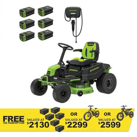 GREENWORKS 60V GEN1.5 Pro Electric Ride-on Lawnmower with 6x 8.0Ah Battery & 1x Rapid Wall Charger Kit - 42