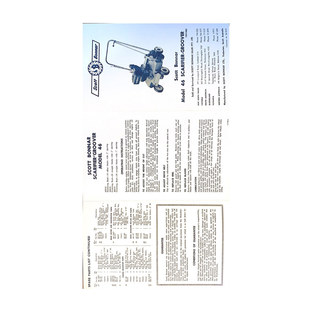 Scott Bonnar Model 46 Scarifier-Groover 6-Page Spare Parts List and Operating Instructions Leaflet