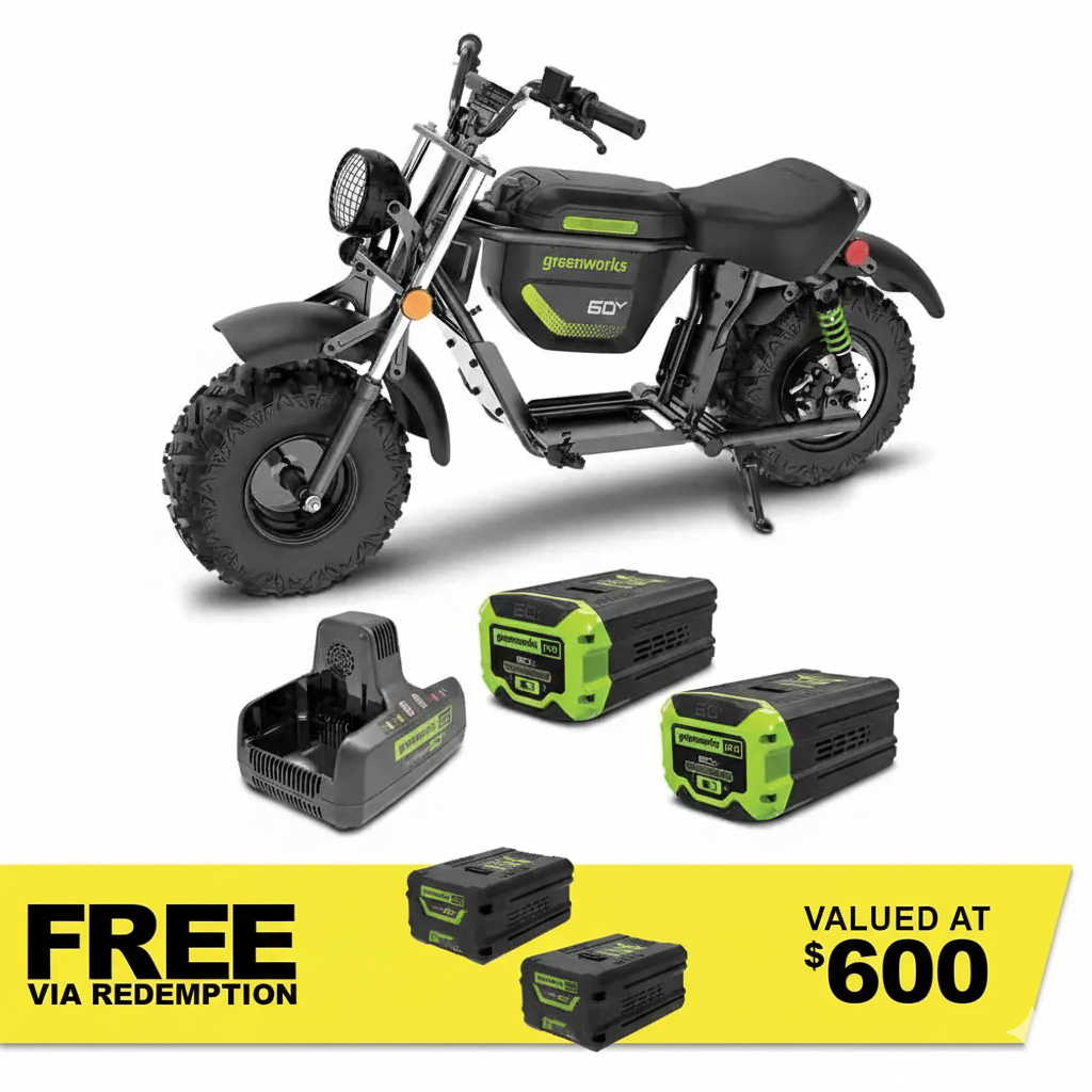 GREENWORKS 60V STEALTH Twin Series Off-Road Electric Mini Bike 8.0Ah Batteries & Dual Charger Kit 7403707AU - FREE REDEMPTION KIT