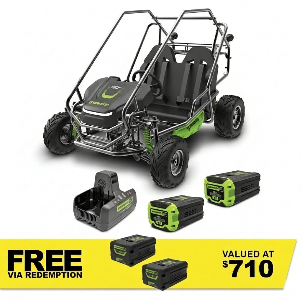 GREENWORKS 60V STEALTH Twin Series All-Terrain 2-Seat Electric Go-Kart 8.0Ah Batteries & Dual Charger Kit 7403607AU - FREE REDEMPTION KIT