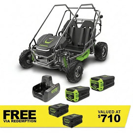 GREENWORKS 60V STEALTH Twin Series All-Terrain 2-Seat Electric Go-Kart 8.0Ah Batteries & Dual Charger Kit 7403607AU - FREE REDEMPTION KIT