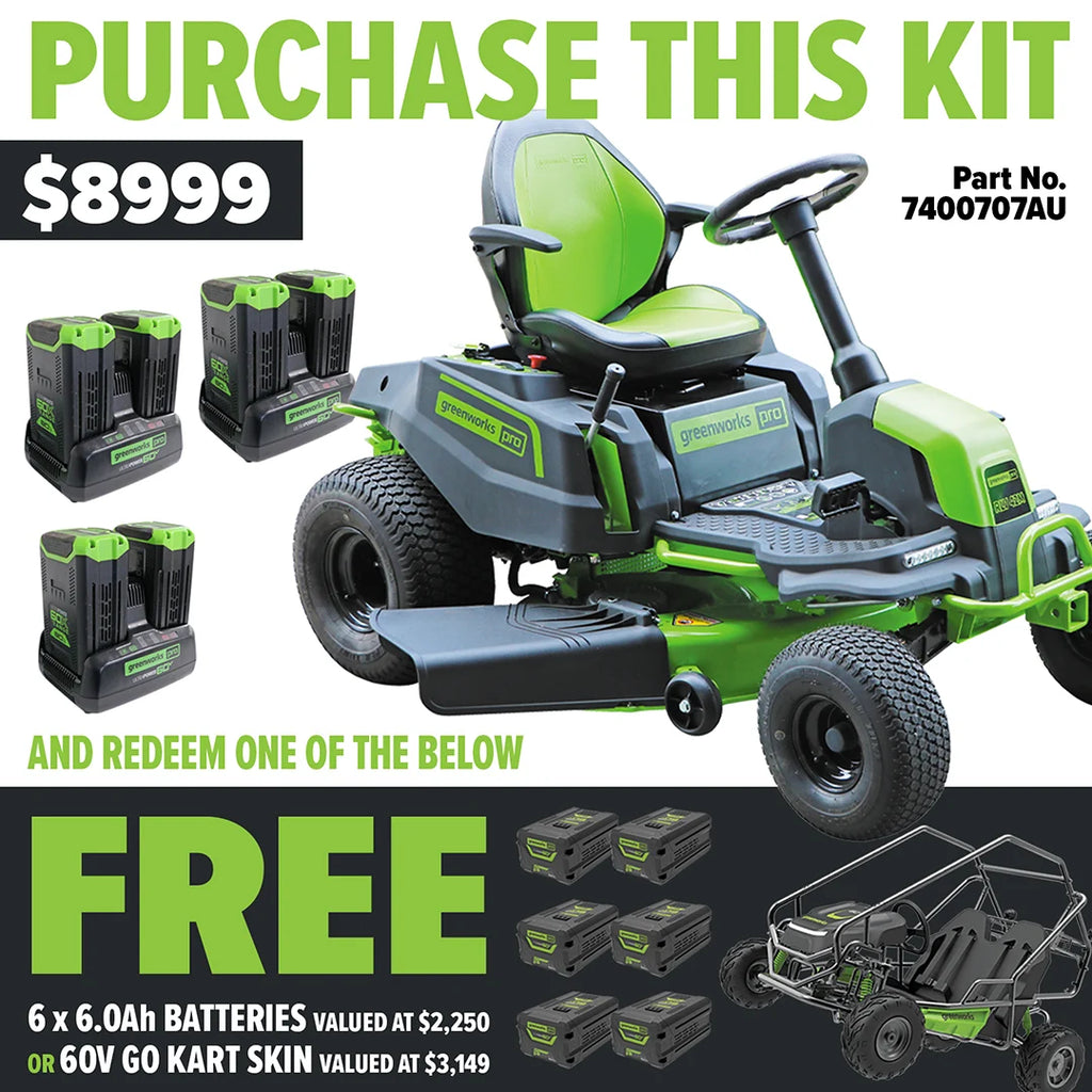 GREENWORKS 60V Pro Electric Ride-on Lawnmower with 8.0Ah Battery & Dual Rapid Charger Kit - 42" Cut - FREE REDEMPTION KIT