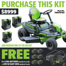 Load image into Gallery viewer, GREENWORKS 60V Pro Electric Ride-on Lawnmower with 8.0Ah Battery &amp; Dual Rapid Charger Kit - 42&quot; Cut - FREE REDEMPTION KIT