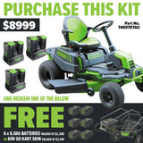 GREENWORKS 60V Pro Electric Ride-on Lawnmower with 8.0Ah Battery & Dual Rapid Charger Kit - 42