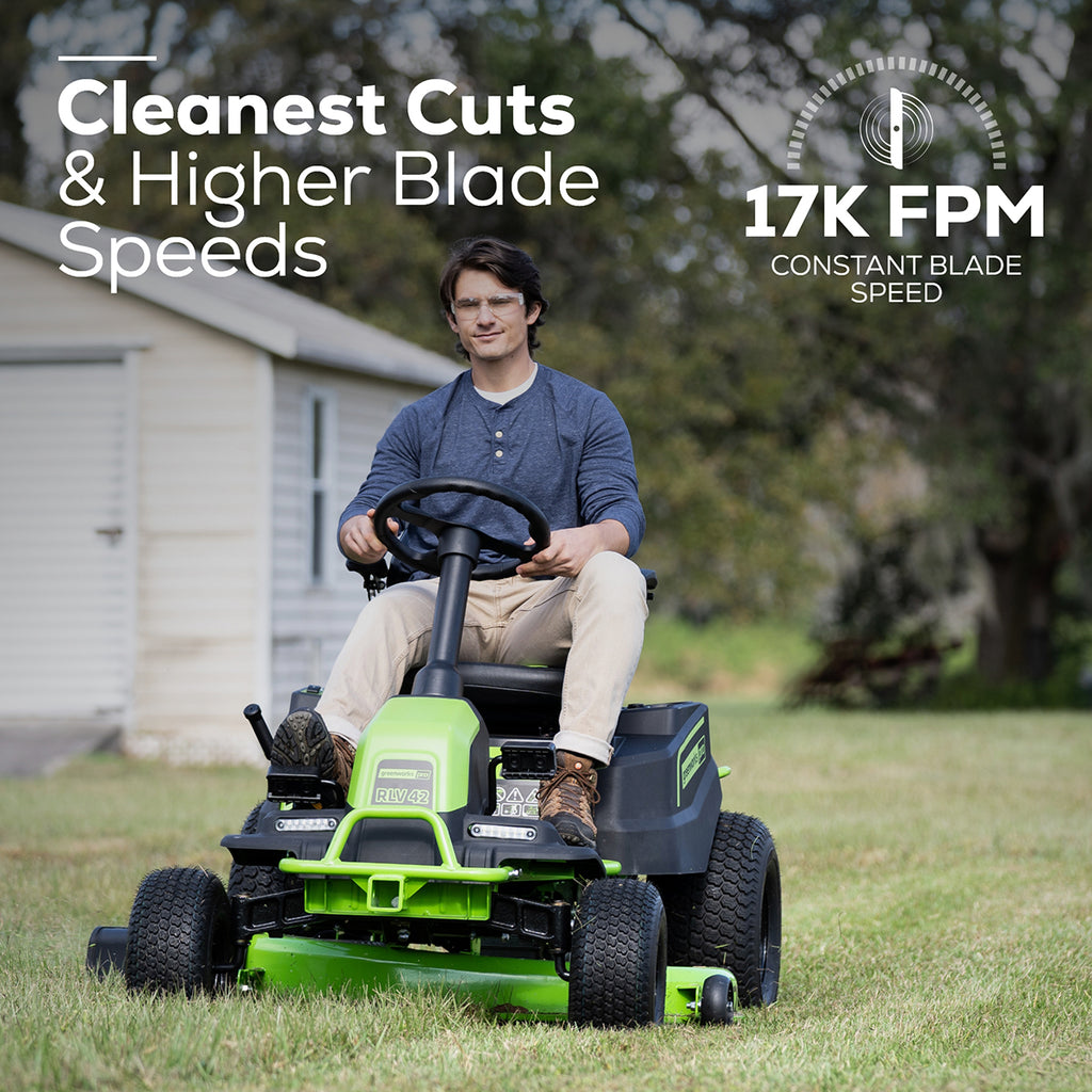 GREENWORKS 60V Pro Electric Ride-on Lawnmower with 8.0Ah Battery & Dual Rapid Charger Kit - 42" Cut