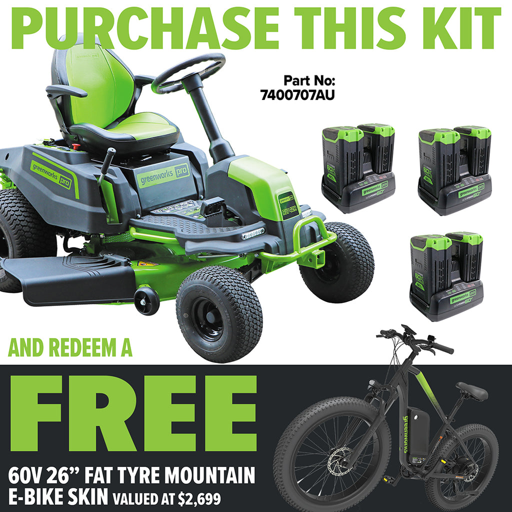 GREENWORKS 60V Pro Electric Ride-on Lawnmower with 8.0Ah Battery & Dual Rapid Charger Kit - 42" Cut - FREE REDEMPTION KIT