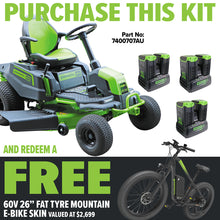Load image into Gallery viewer, GREENWORKS 60V Pro Electric Ride-on Lawnmower with 8.0Ah Battery &amp; Dual Rapid Charger Kit - 42&quot; Cut - FREE REDEMPTION KIT