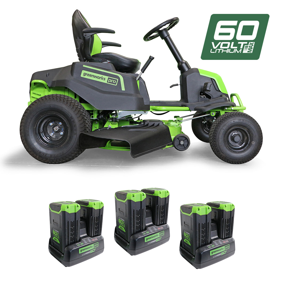 GREENWORKS 60V Pro Electric Ride-on Lawnmower with 8.0Ah Battery & Dual Rapid Charger Kit - 42