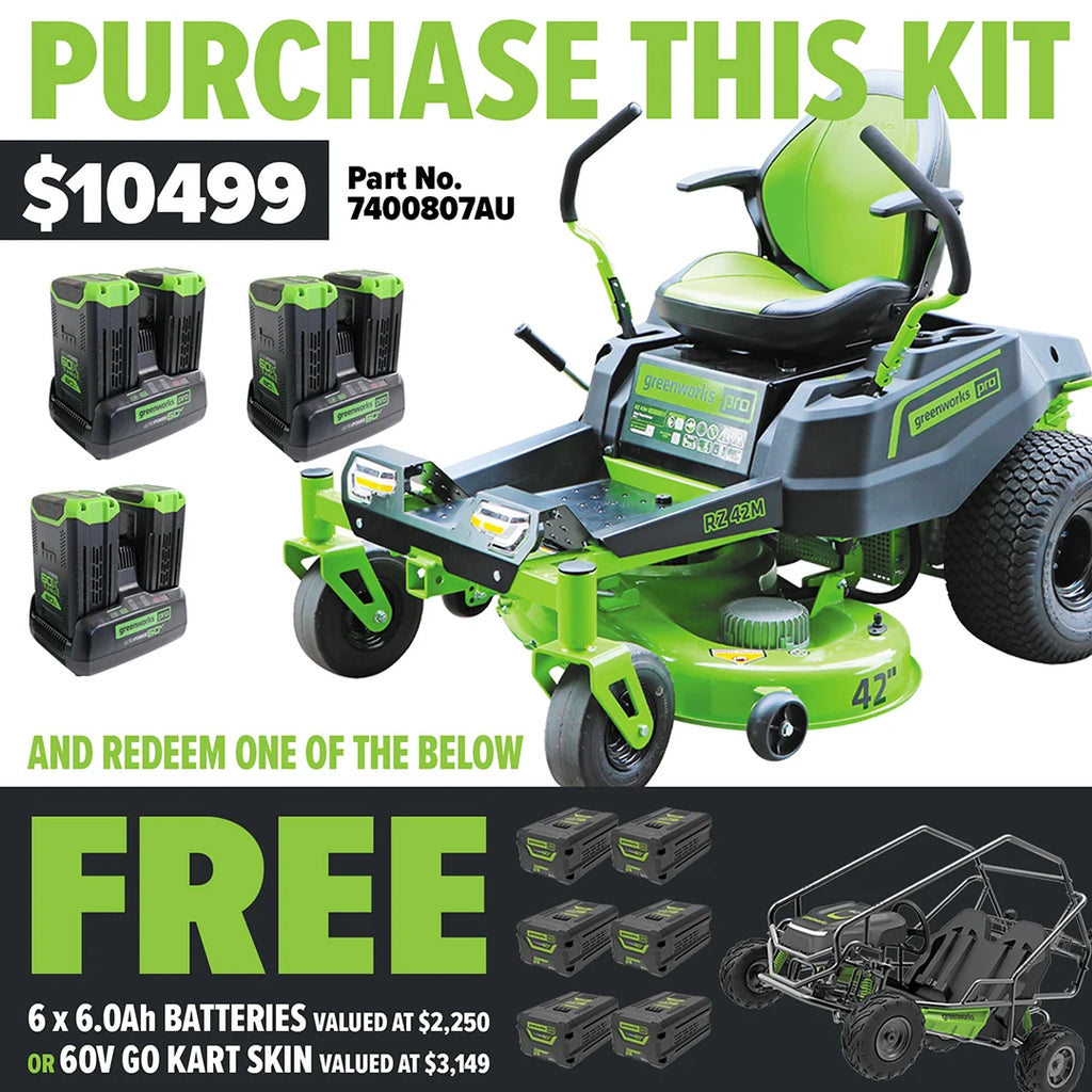 GREENWORKS 60V Pro Electric Zero Turn Mower with 8.0Ah Battery & Dual Rapid Charger Kit - 42" Cut - FREE REDEMPTION KIT