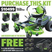 Load image into Gallery viewer, GREENWORKS 60V Pro Electric Zero Turn Mower with 8.0Ah Battery &amp; Dual Rapid Charger Kit - 42&quot; Cut - FREE REDEMPTION KIT